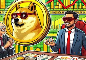 Una moneta di Dogecoin e un tavolo con due persone che dialogano