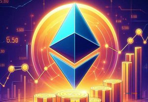 Il logo di Ethereum con un grafico a candele sullo sfondo