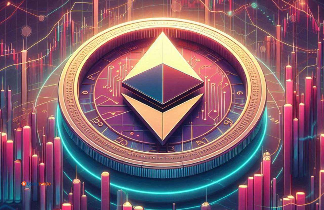 Il simbolo di Ethereum al centro con dei grafici a candele sullo sfondo