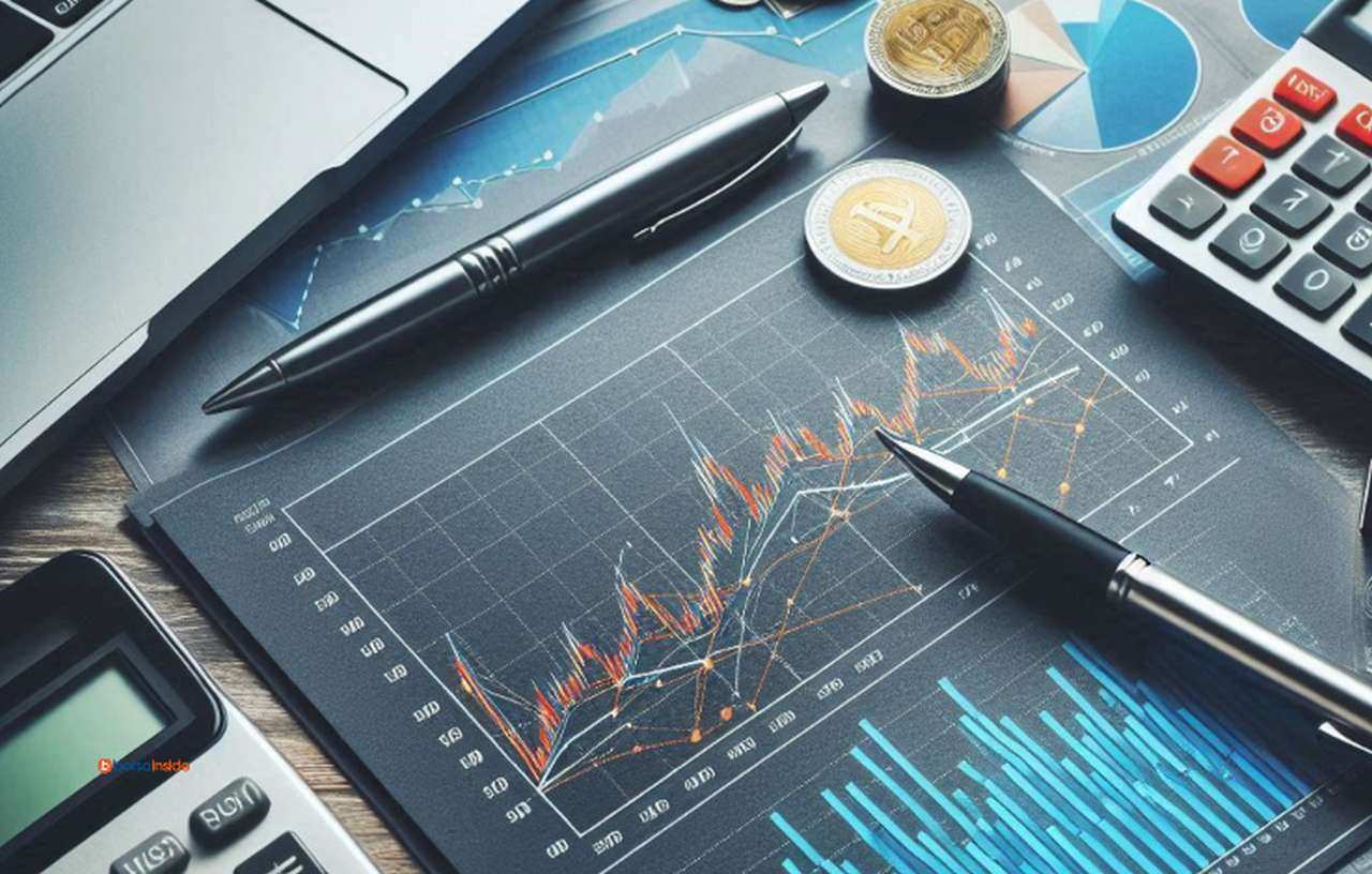 Alcuni grafici finanziari su un piano con delle calcolatrici e alcune penne