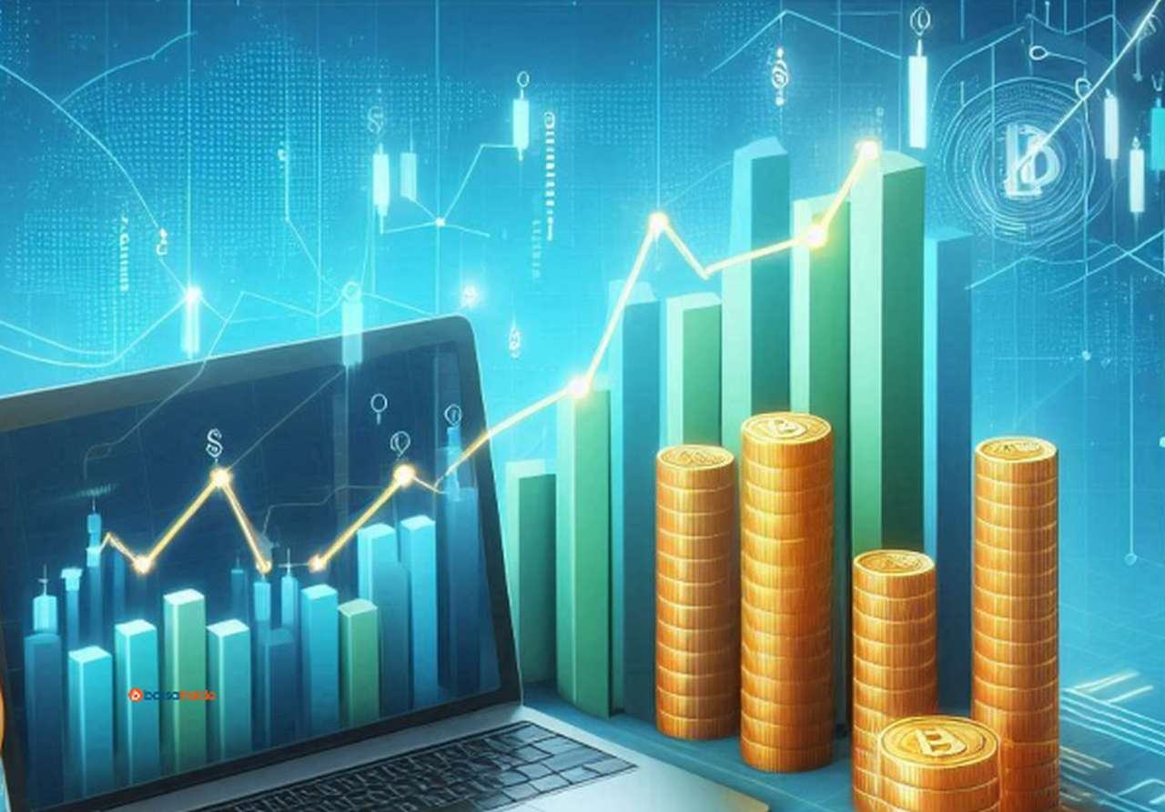 Un grafico con delle monete impilate, di fianco allo schermo di un laptop