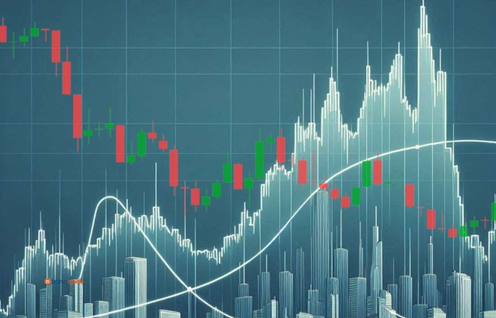 Un grafico a candele con un altro grafico simile sullo sfondo