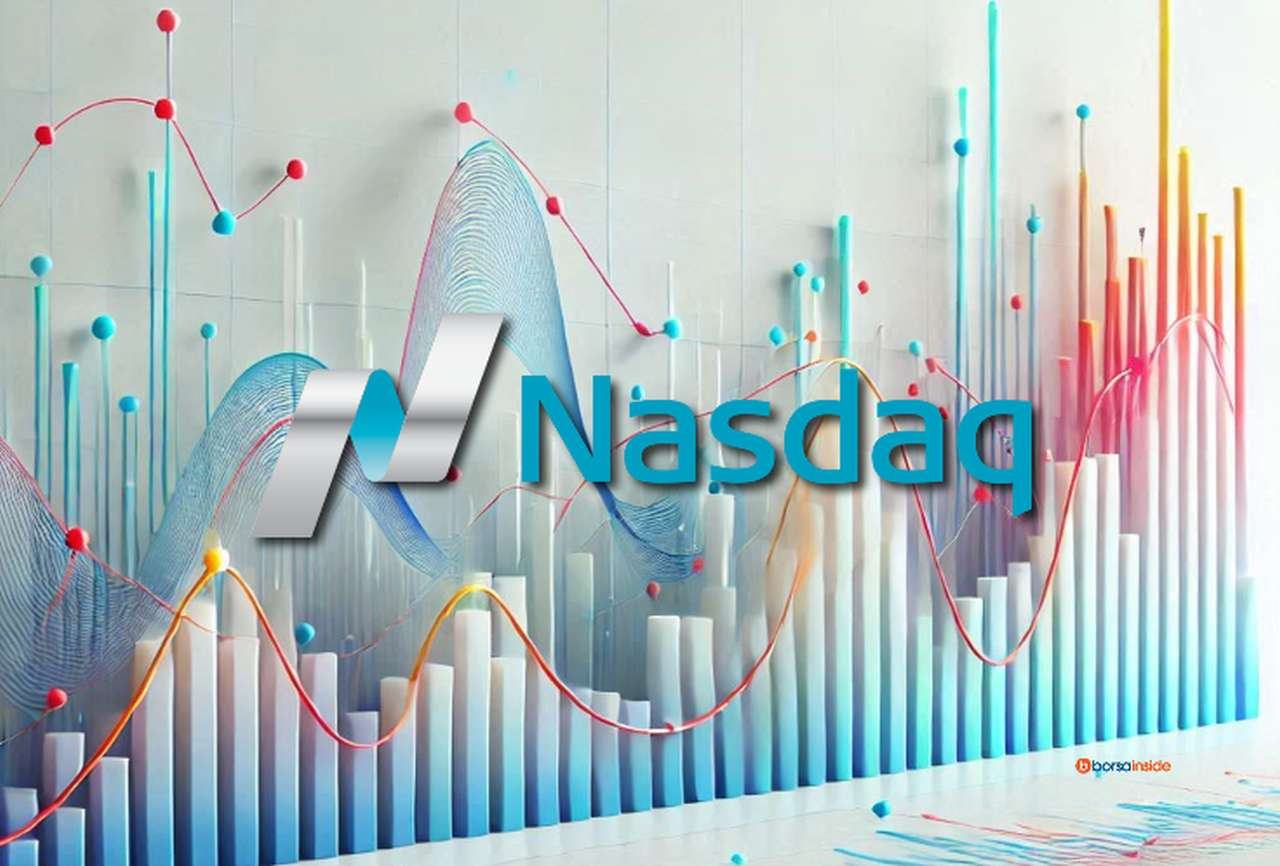 Un grafico a candele con scritta e logo Nasdaq in sovrimpressione