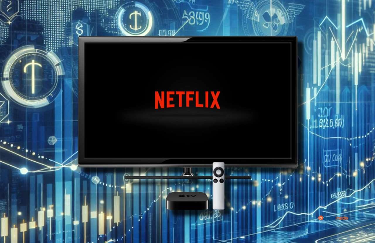 Uno schermo nero con la scritta Netflix e uno sfondo con dei grafici finanziari