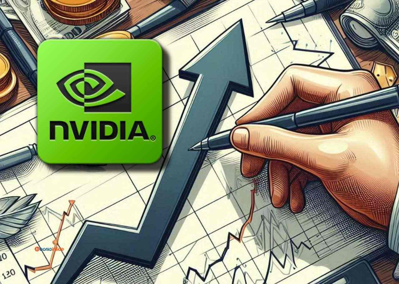 Il logo di Nvidia con un grafico su un foglio e una mano che traccia su di esso una freccia