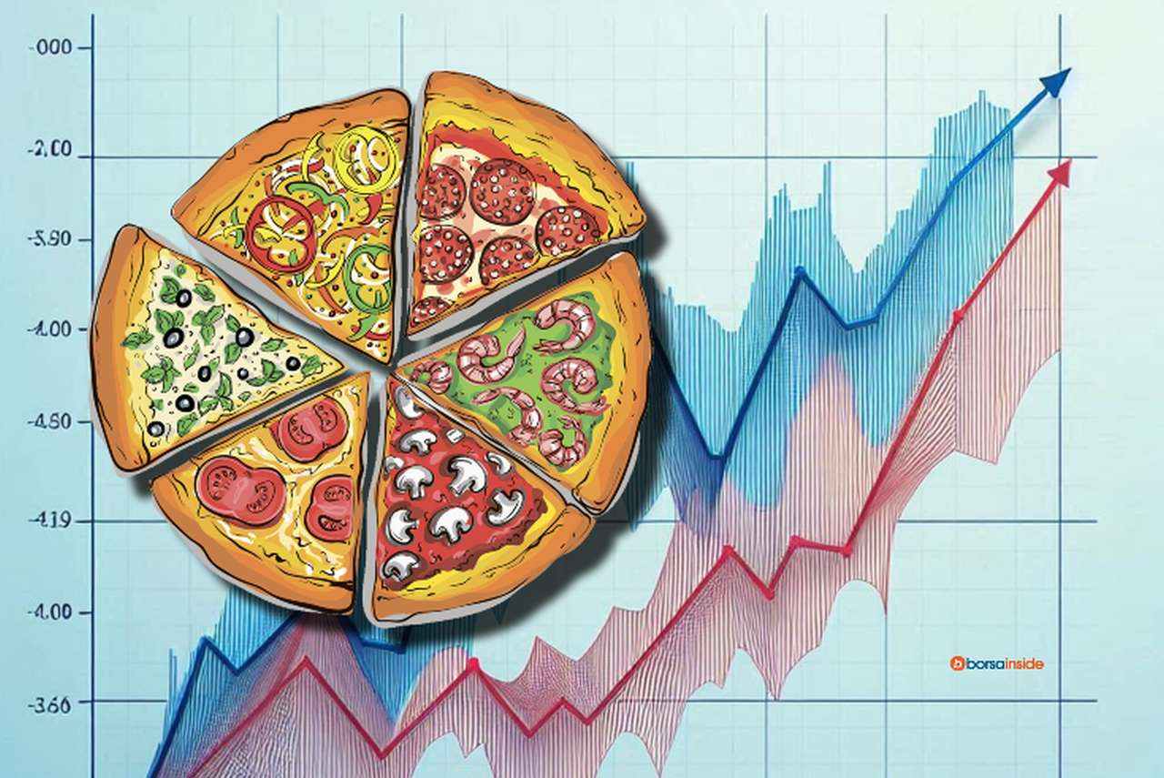 Un grafico con due frecce e l'immagine di una pizza tagliata a spicchi in sovrimpressione