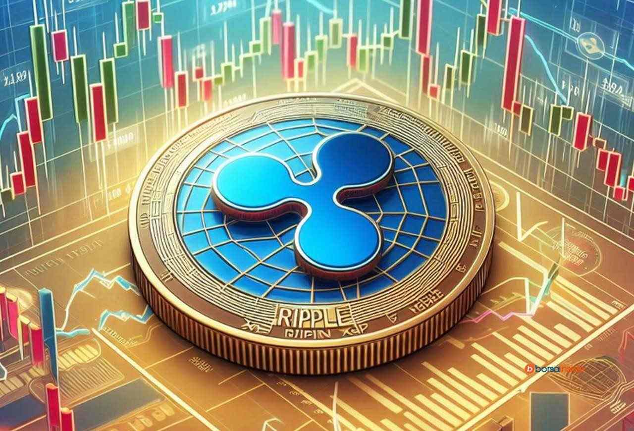 Il logo di Ripple (XRP) su una moneta al centro e dei grafici a candele intorno