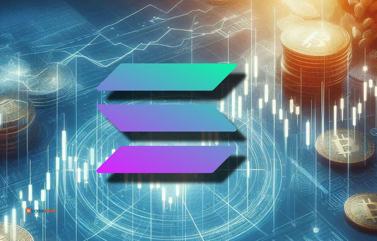 Il logo di Solana (SOL) al centro con alcune monete e dei grafici a candele sullo sfondo