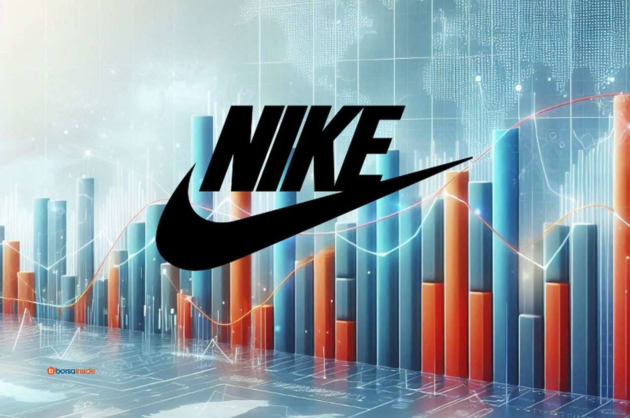 Alcuni grafici finanziari a candele di colore rosso o blu e il simbolo di Nike in sovrimpressione