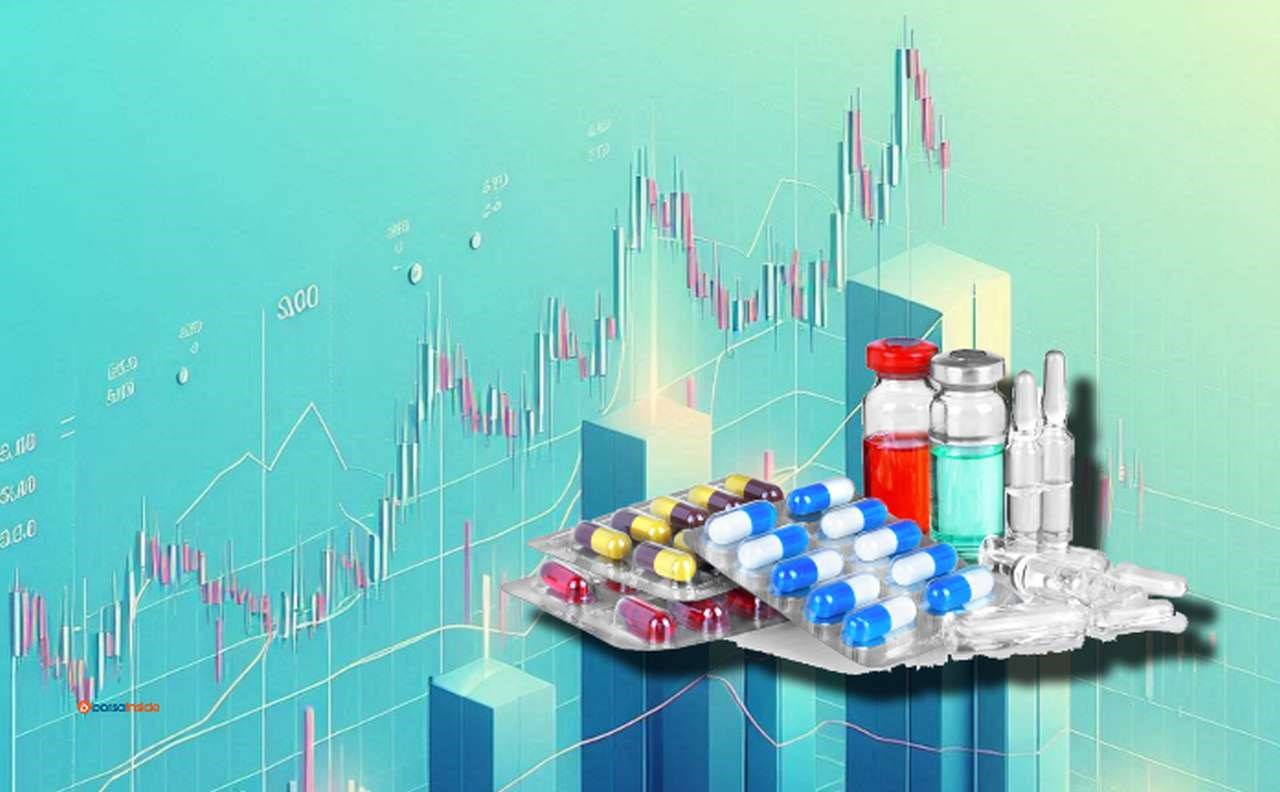 Un grafico finanziario a candele con delle colonne che indicano i volumi. In sovrimpressione alcuni farmaci in pasticche e flaconcini