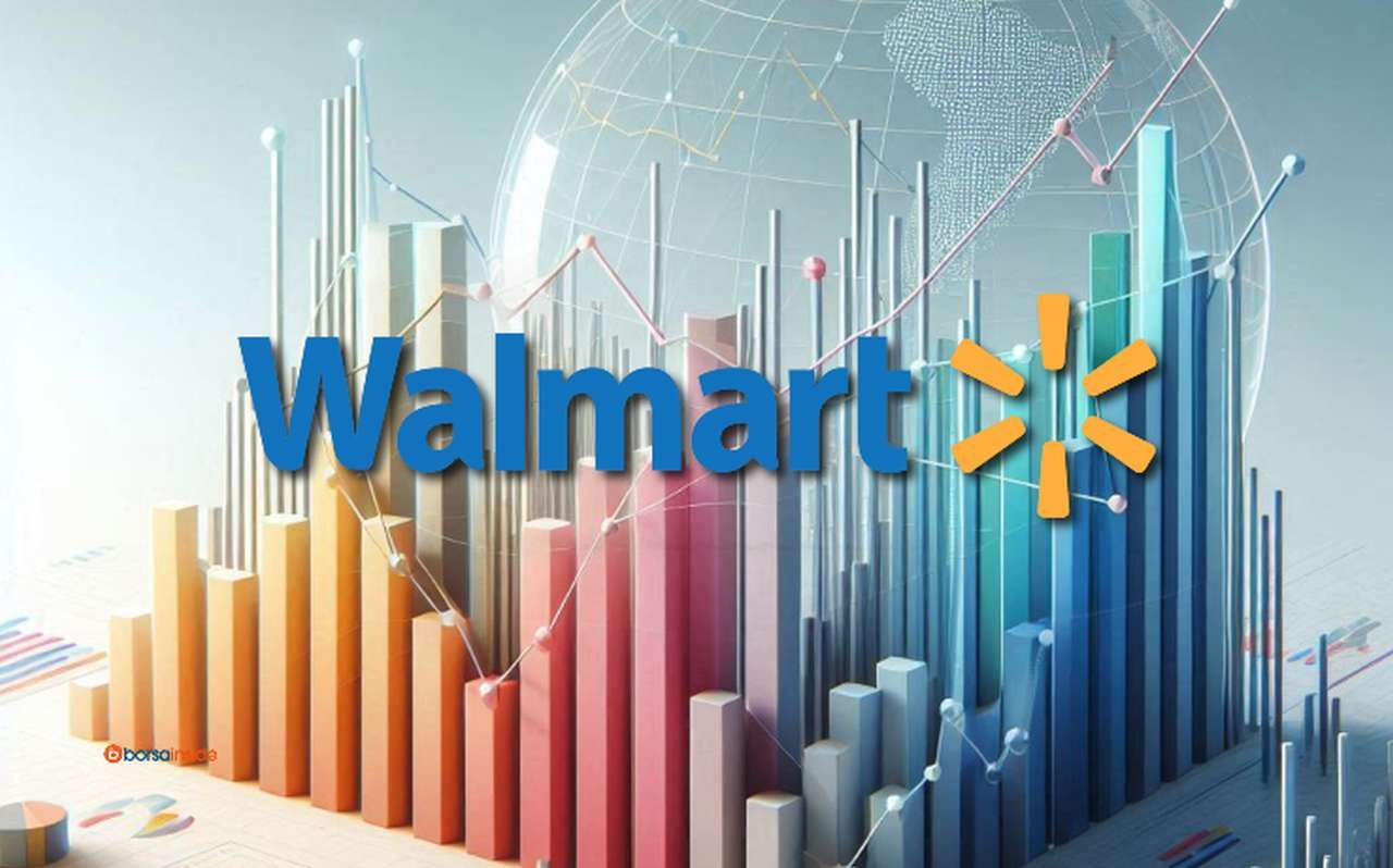 Dei grafici a candele di diversi colori con il logo di Walmart in sovrimpressione al centro