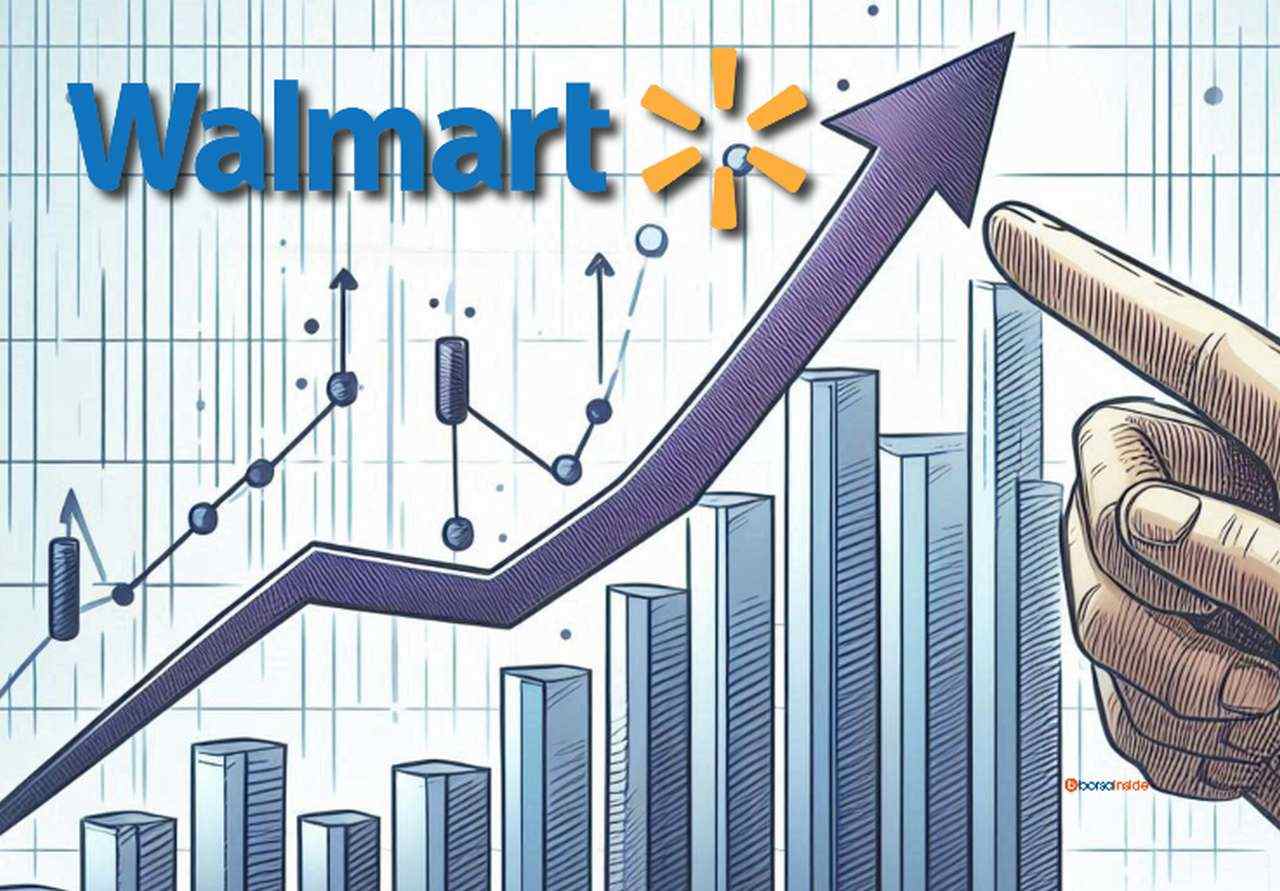 Un grafico a colonne con una freccia e una mano che ne indica la punta. Il logo Walmart in sovrimpressione in alto a sinistra