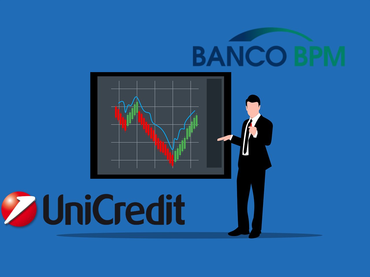 logo di Unicredit e Banco BPM su un grafico di borsa