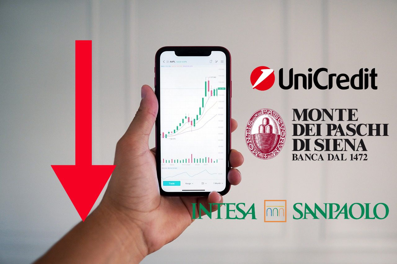 loghi di Unicredit, MPS e Intesa Sanpaolo con mobile trading