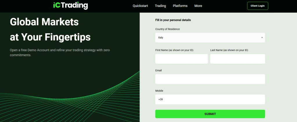 Form di apertura demo su IC Trading