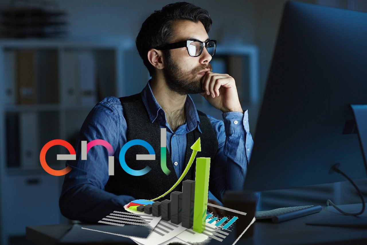 trader che pensa con logo di Enel in primo piano