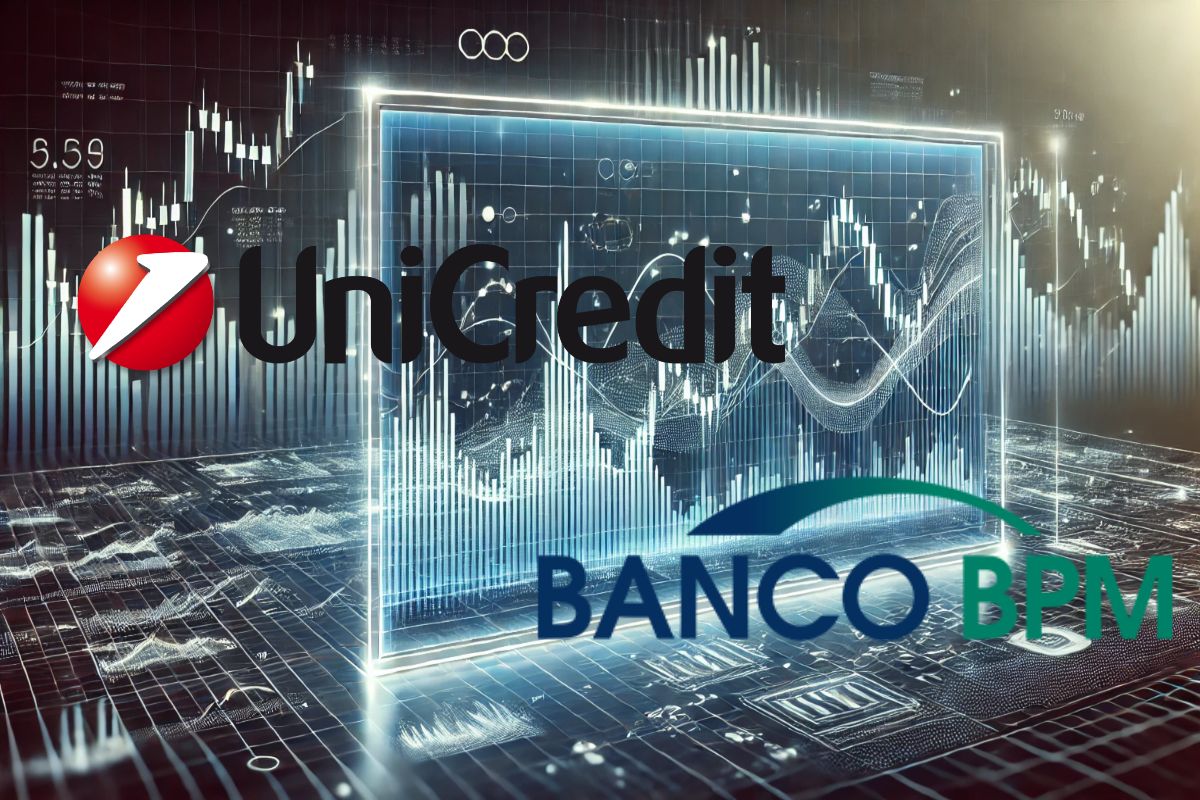 grafici di borsa e logo BPM e Unicredit