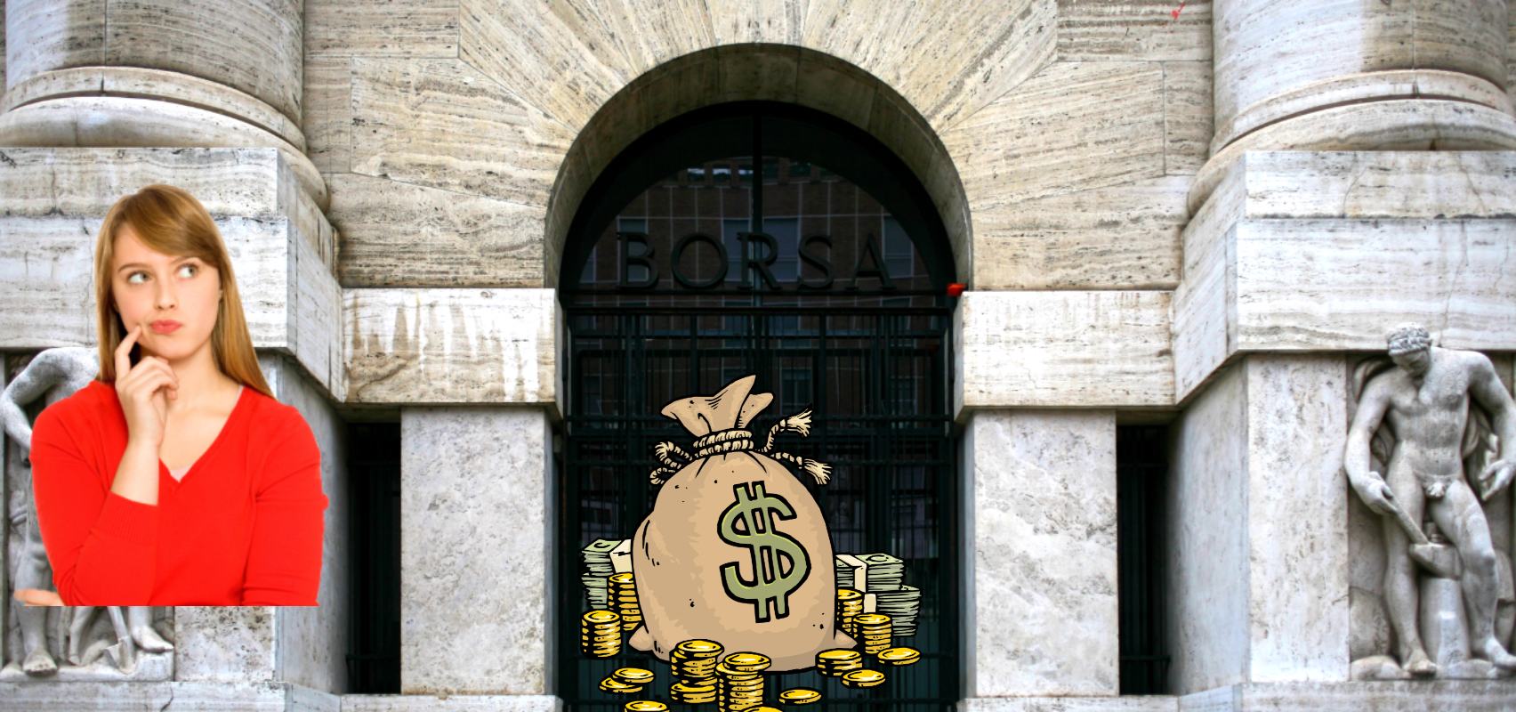 ingresso della borsa di Milano con sacco di soldi