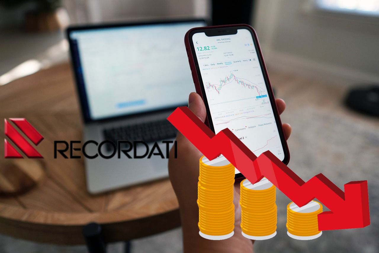 mobile trading e grafico al ribasso con logo di Recordati