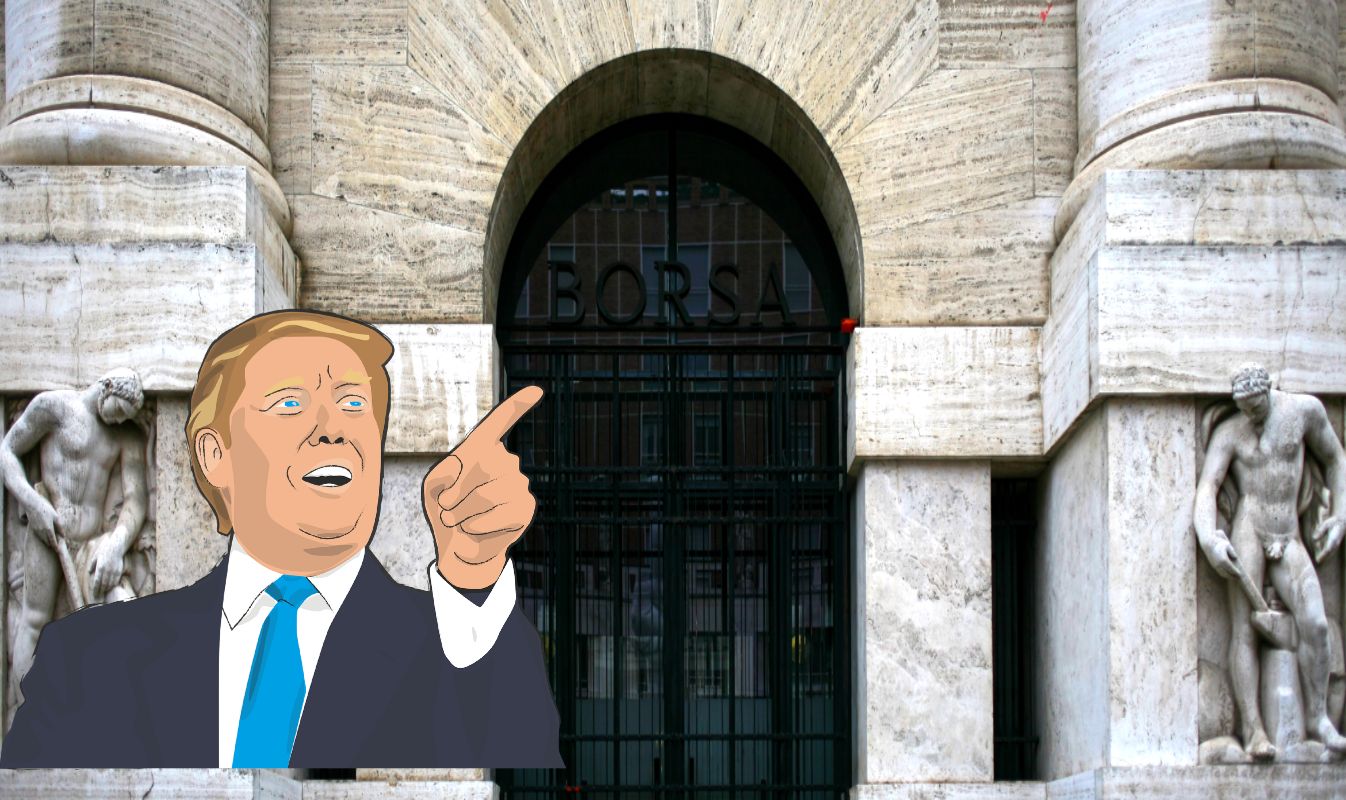 vignetta di Trump e ingresso della borsa di Milano