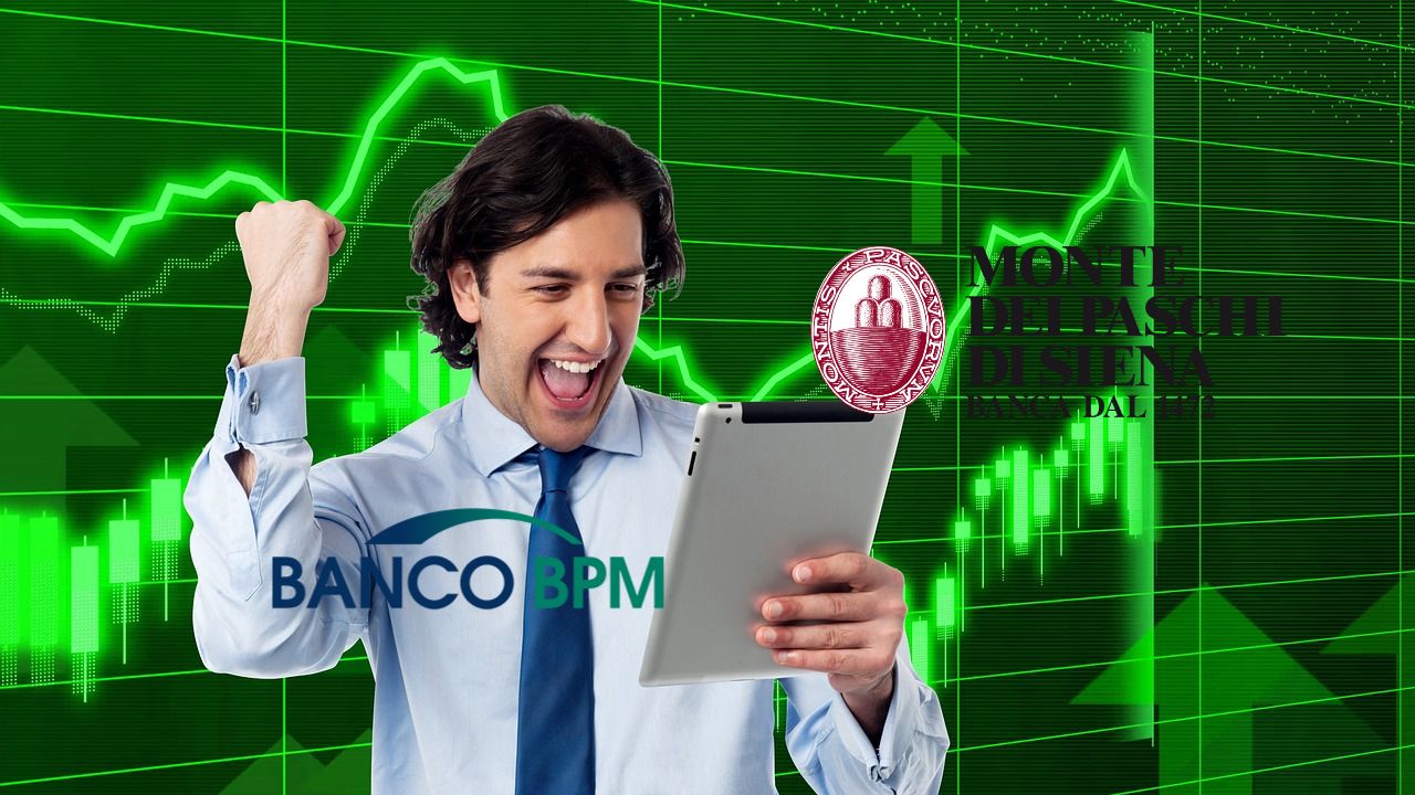 trader che esulta e loghi di banche