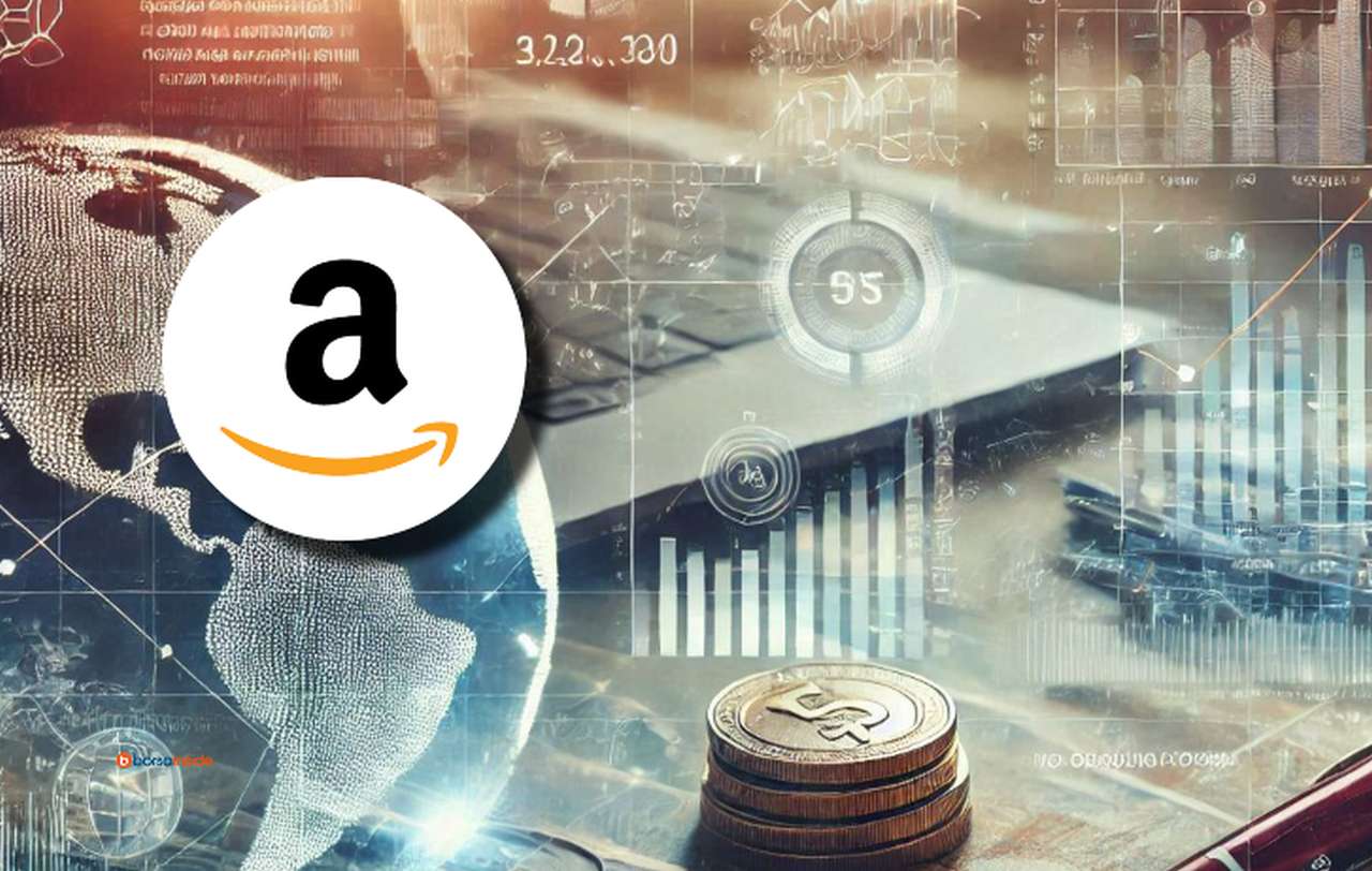 Il logo di Amazon in alto a sinistra e sullo sfondo dei grafici finanziari in trasparenza con delle monete su un piano