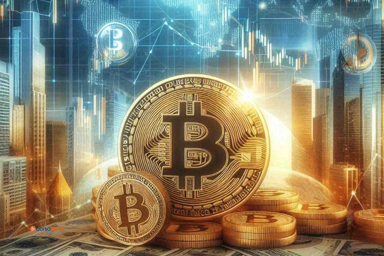 Una moneta di Bitcoin al centro con altre monete più piccole intorno e dei grafici sullo sfondo