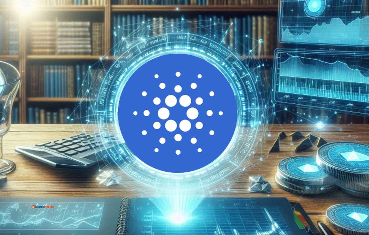 Il logo di Cardano al centro e sullo sfondo una libreria