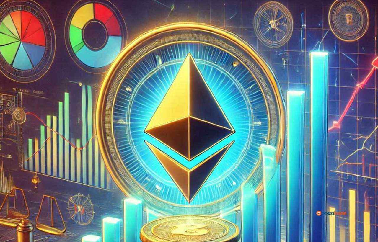 Il simbolo di Ethereum al centro e dei grafici luminosi di diversi colori sullo sfondo