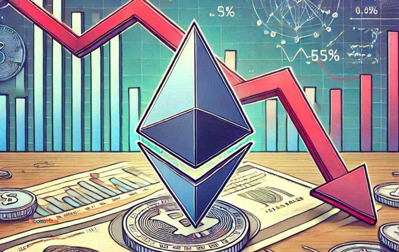 Il simbolo di Ethereum al centro e una freccia verso il basso alle sue spalle con le colonne di un grafico dietro