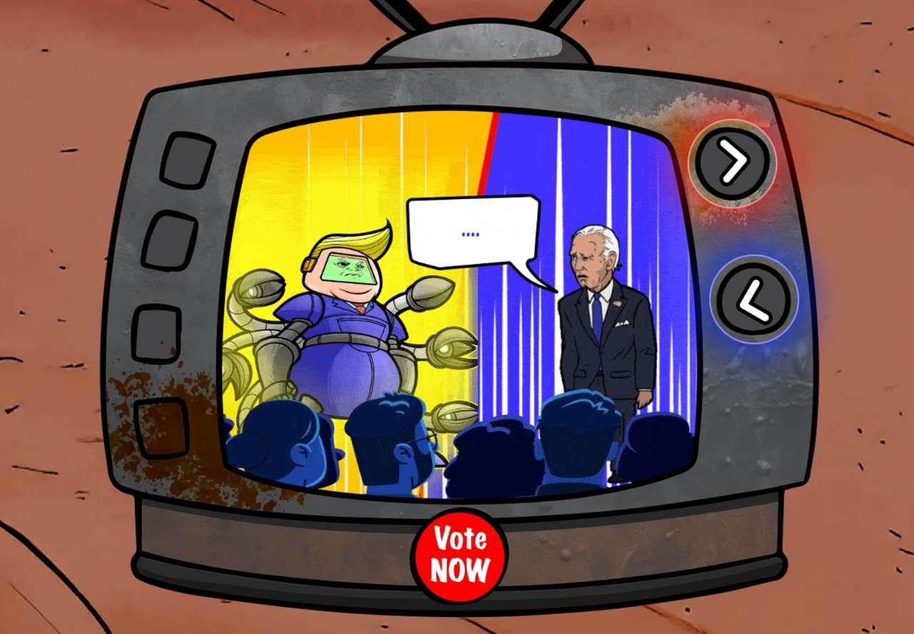 La rappresentazione stile cartoon di una vecchia tv con Trump e Biden sullo schermo