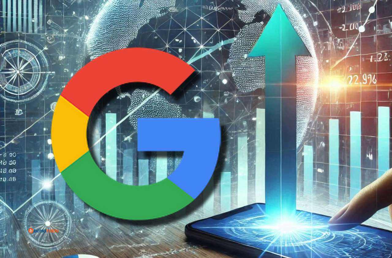 Il logo di Google a sinistra in grande e una freccia verso l'alto che origina dallo schermo di uno smartphone