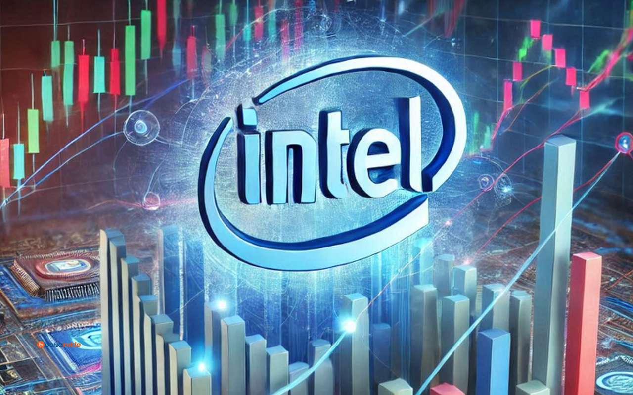 Il logo di Intel al centro e dei grafici a candele di diversi colori tutto intorno a sullo sfondo