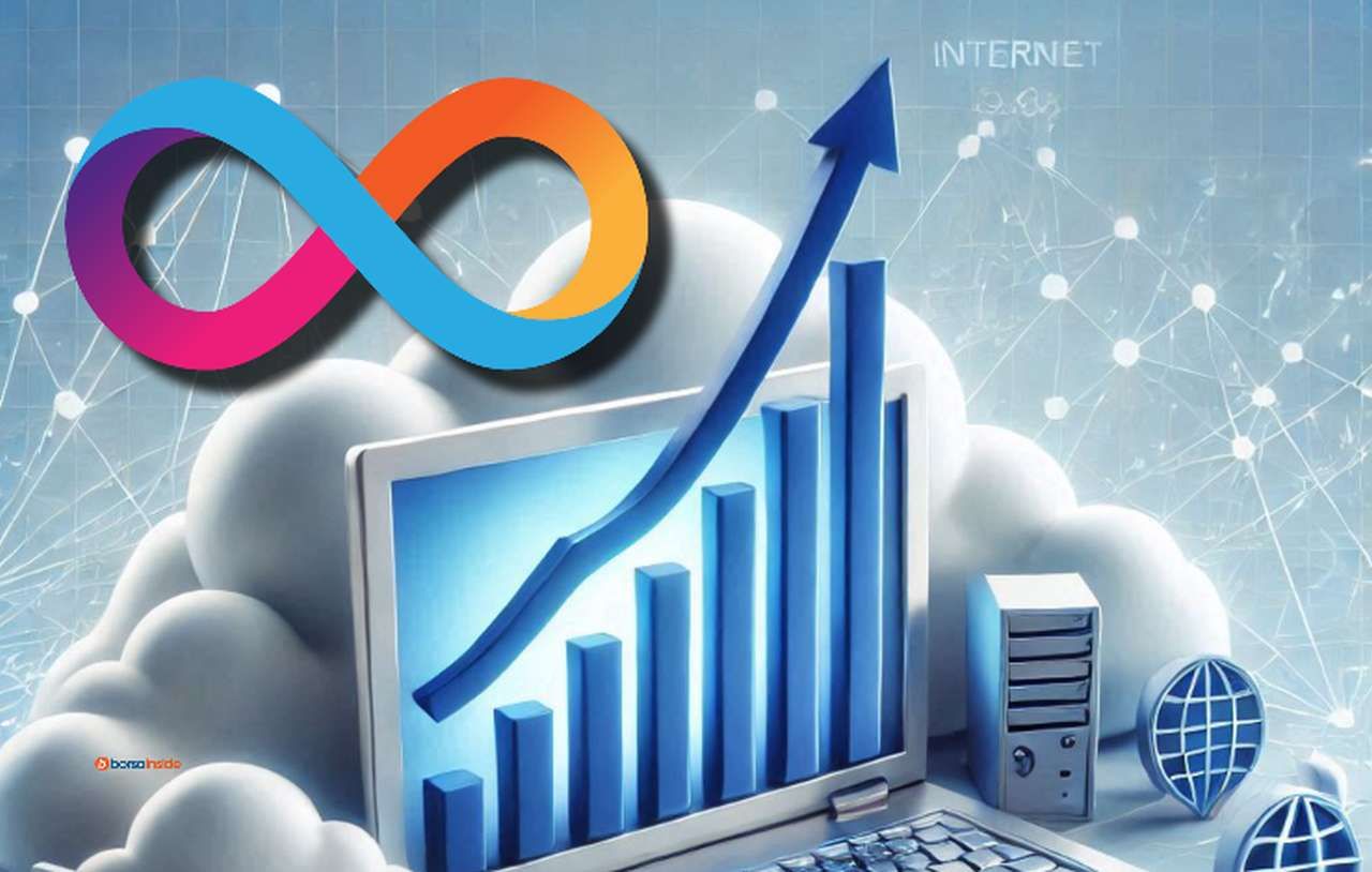 Lo schermo di un laptop con un grafico a colonne attraversato da una freccia che esce dallo schermo. In alto a sinistra, in sovrimpressione, il logo della crypto ICP