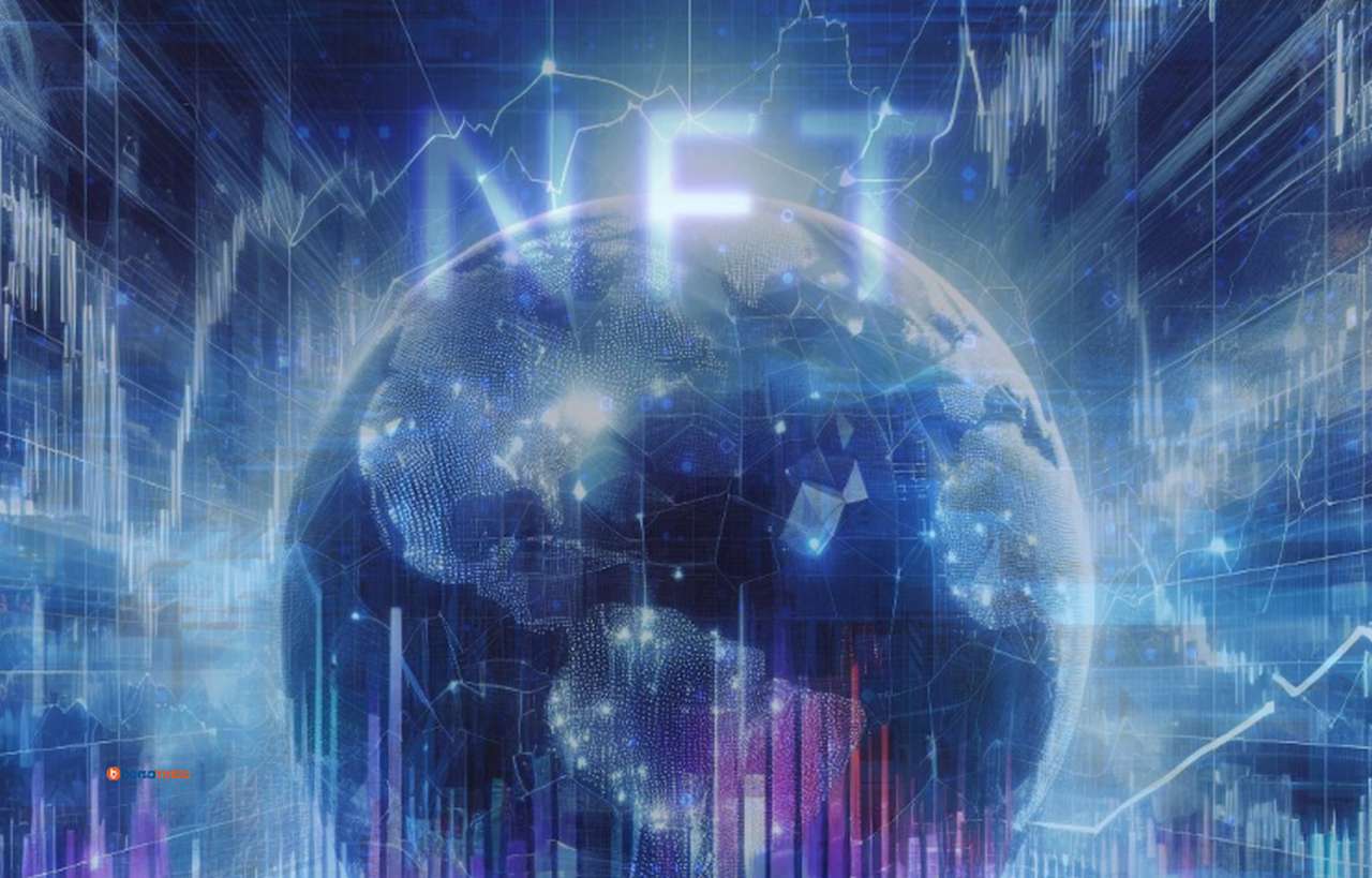 Il globo terrestre con dei grafici in sovrimpressione e la scritta NFT al centro sul globo