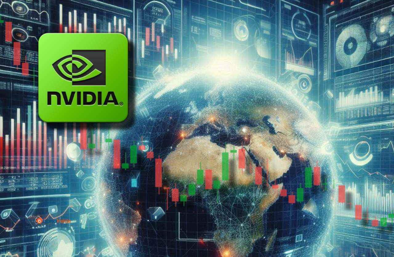 Il logo di Nvidia in alto a sinistra e il globo terrestre al centro. In sovrimpressione in trasparenza un grafico a candele