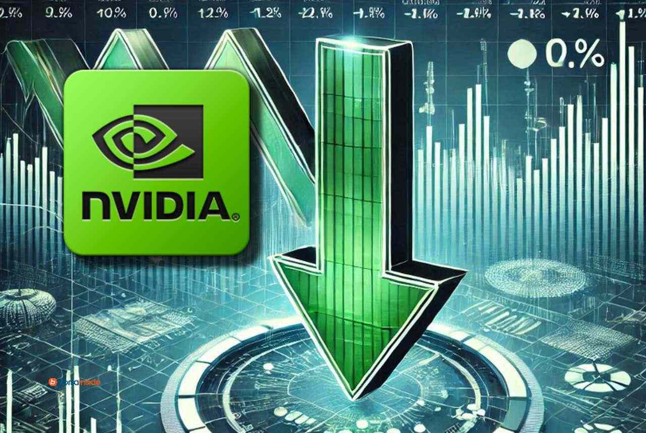 Una freccia che punta verso il basso al centro e il logo di Nvidia in alto a sinistra