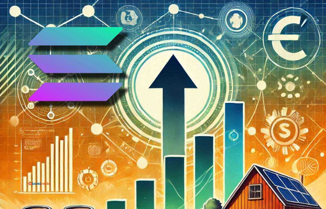 Uns freccia verso l'alto con le colonne di un grafico sotto e in alto a sinistra, in sovrimpressione, il simbolo di Solana