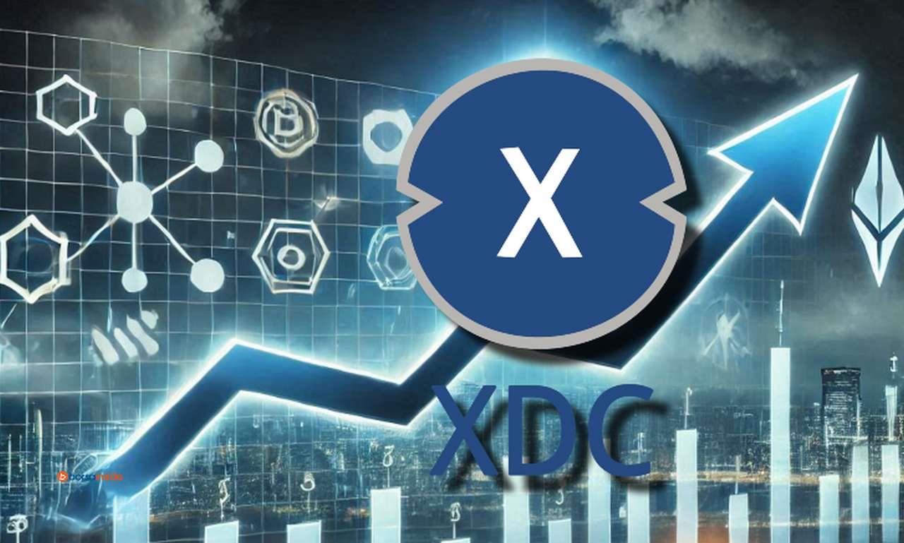 Alcuni grafici finanziari con una freccia a zig-zag e Il logo di XDC in sovrimpressione