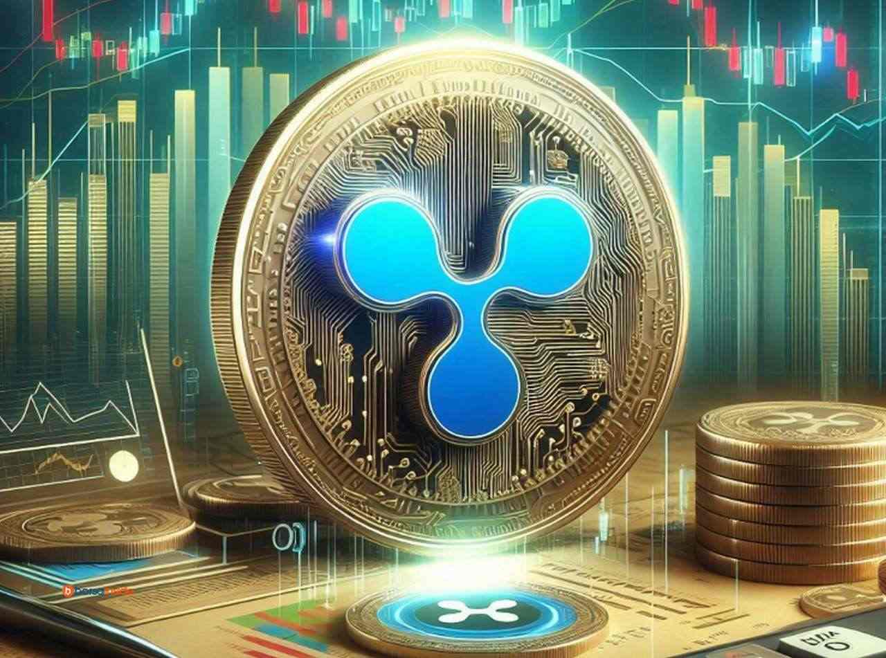 Una moneta con il logo di XRP al centro e dei grafici a candele di diversi colori sullo sfondo