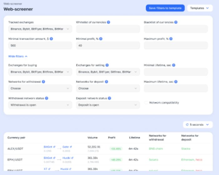 pagina di accesso ad Arbitrage Screener