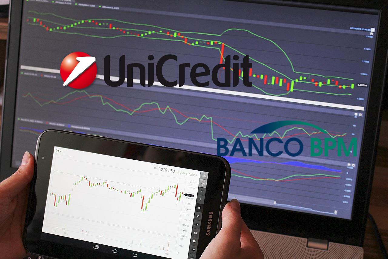 chart di trading con logo Unicredit e Banco BPM