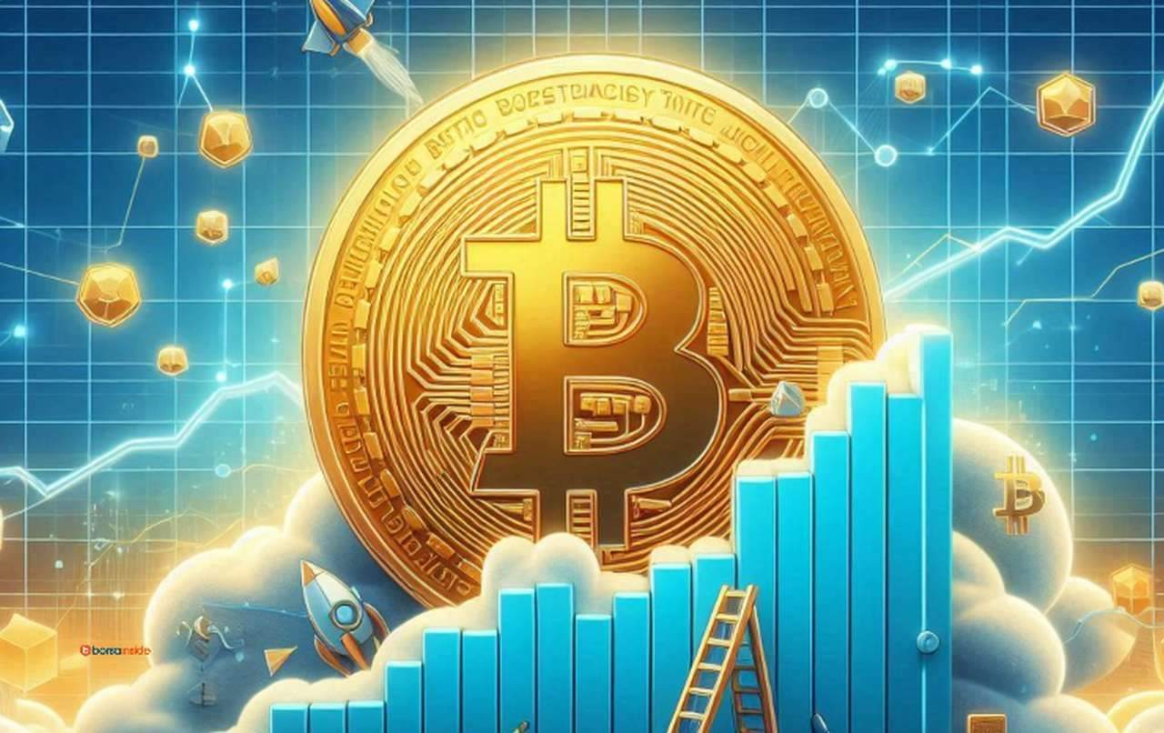 Una moneta di Bitcoin che sorge tra le nuvole alle spalle delle colonne di un grafico finanziario