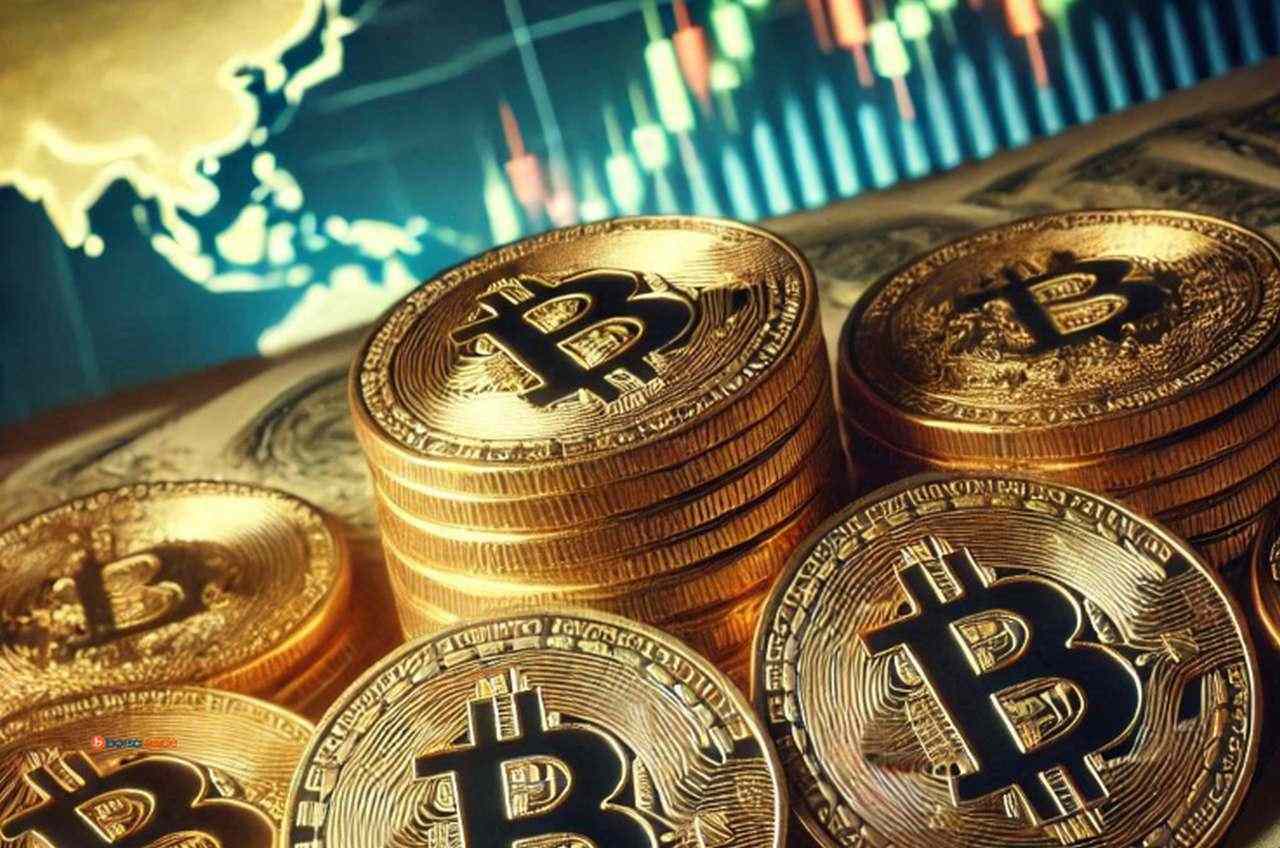 Alcune monete di Bitcoin e dei grafici a candele sullo sfondo