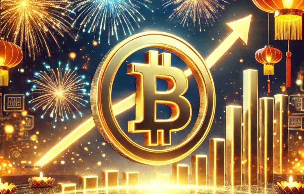 Il simbolo di Bitcoin al centro con una freccia che lo attraversa in diagonale verso l'alto. Sullo sfondo le colonne di un grafico, tutto in toni di oro tra i fuochi d'artificio