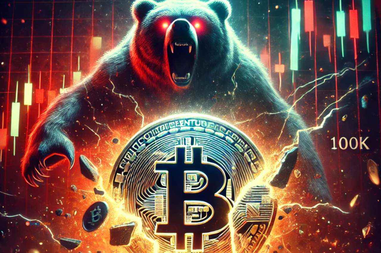 Un orso che sovrasta una moneta di Bitcoin con dei grafici luminosi sullo sfondo e in trasparenza