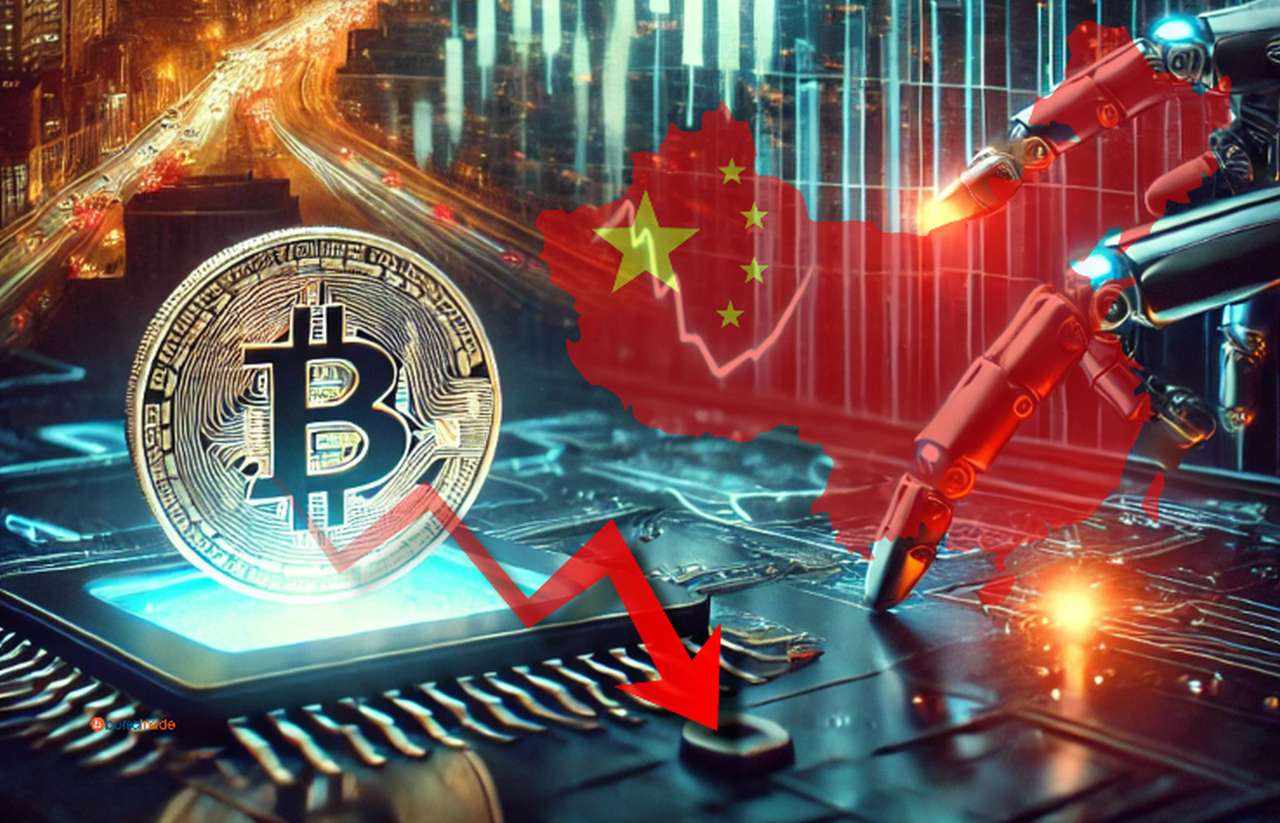 Una moneta di Bitcoin a sinistra, la bandiera della Cina delimitata dai confini dello Stato a destra. Sullo sfondo dei grafici finanziari luminosi e le dita di un robot. In sovrimpressione una freccia rossa verso il basso