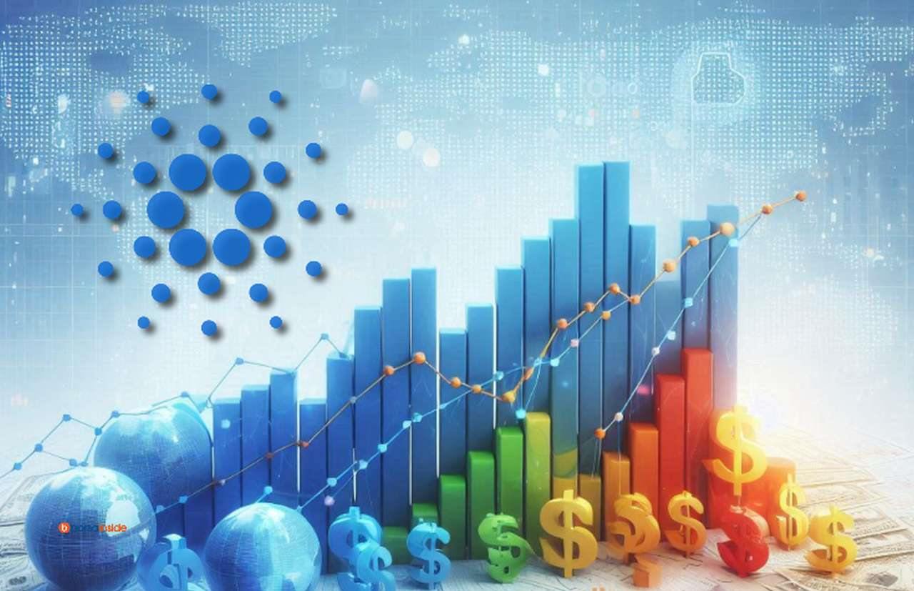 Alcuni grafici a colonne di vari colori con il simbolo di Cardano ADA in alto a sinistra