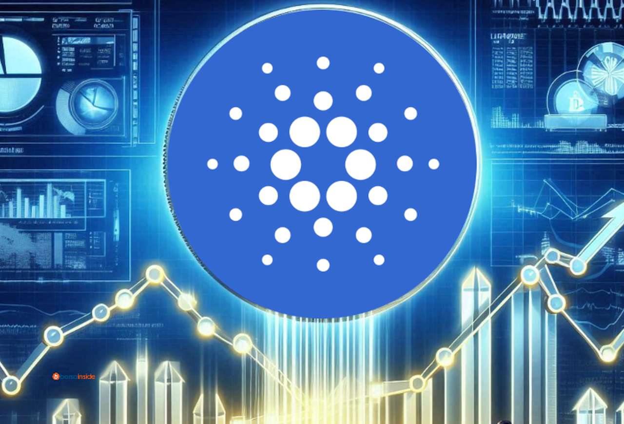 Il simbolo di Cardano in grande al centro con dei grafici luminosi di carattere finanziario sullo sfondo