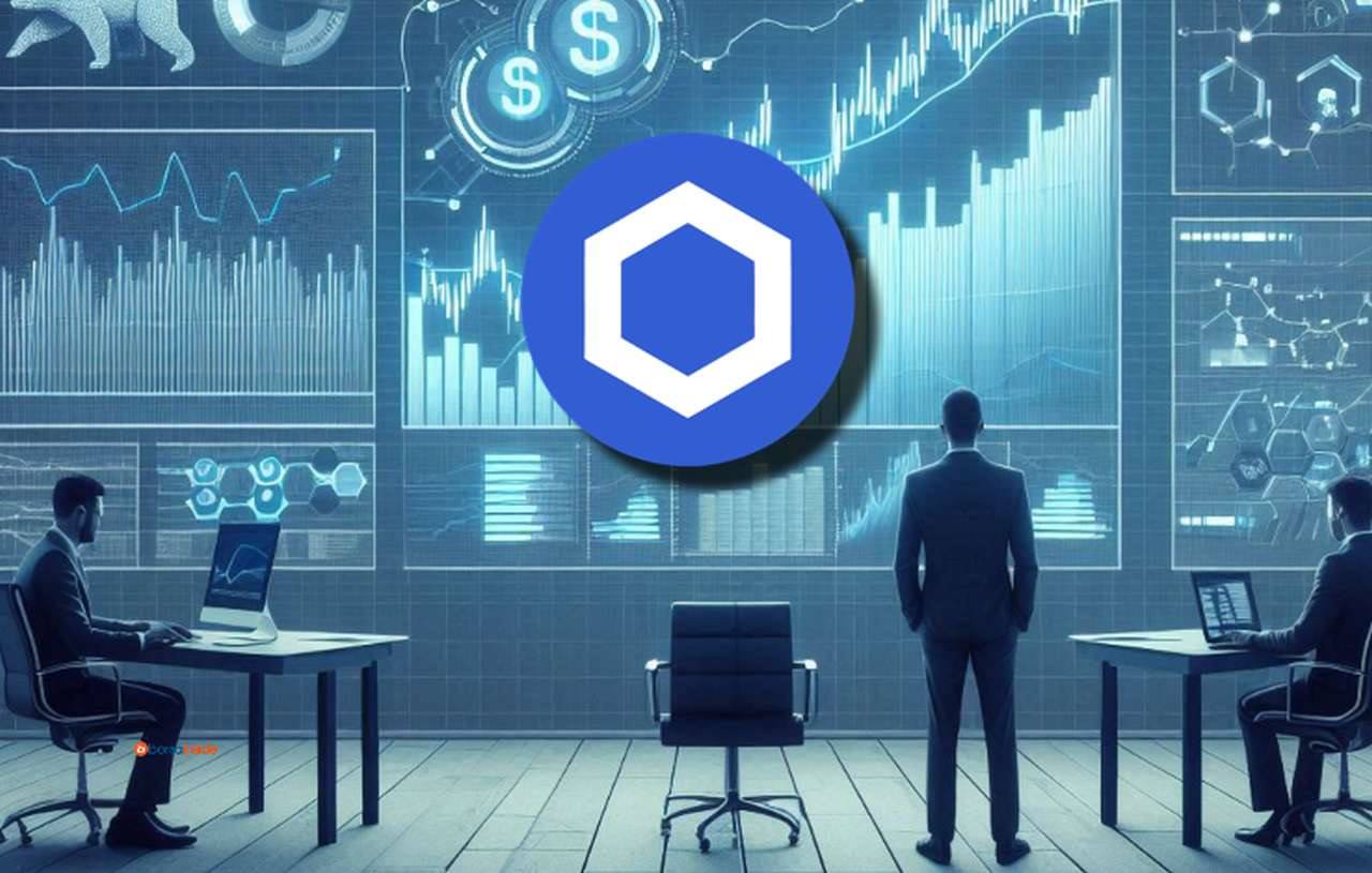 Alcuni trader in una stanza mentre osservano un grande schermo con dei grafici finanziari e il logo di Chainlink in sovrimpressione al centro